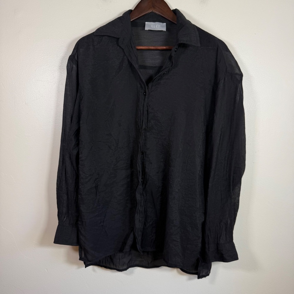 Tiff Sheer Textured Oversized Button Down Blouse Size M Black